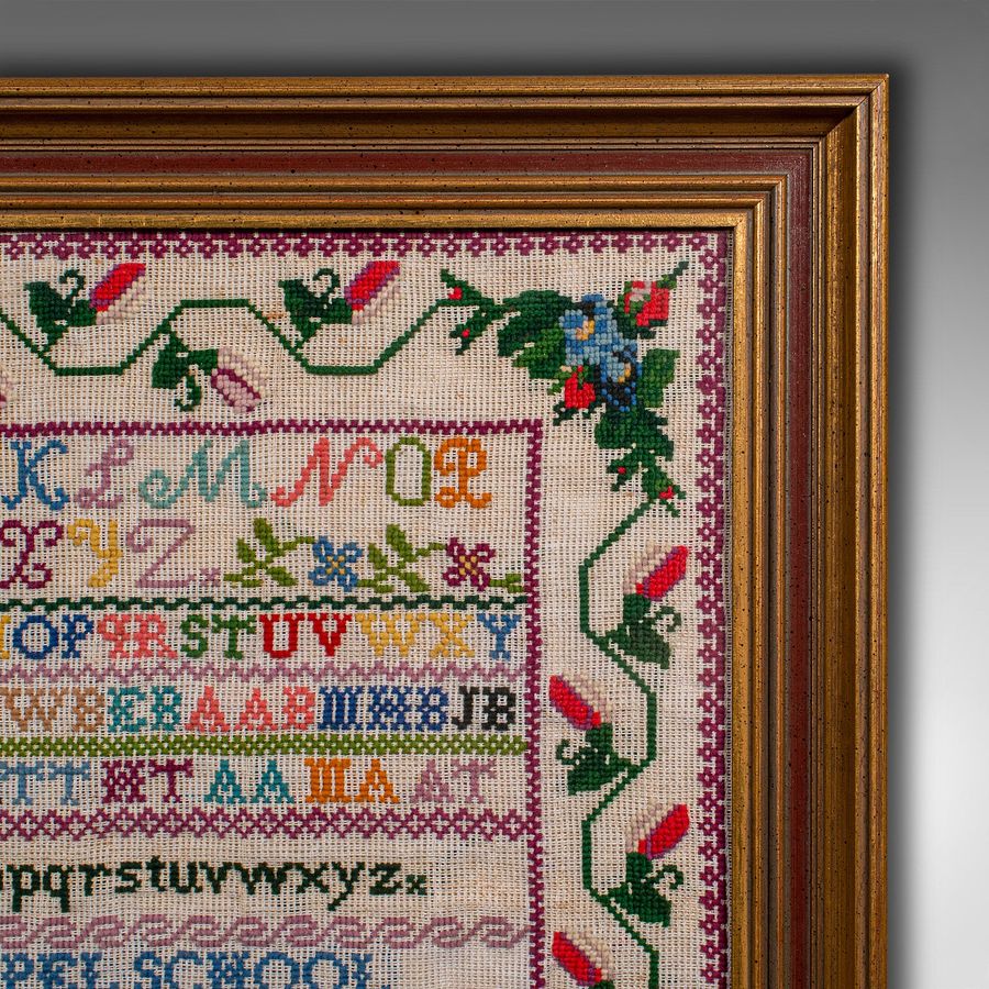 Antique Antique School Sampler, English, Needlepoint Embroidery Display, Victorian, 1884