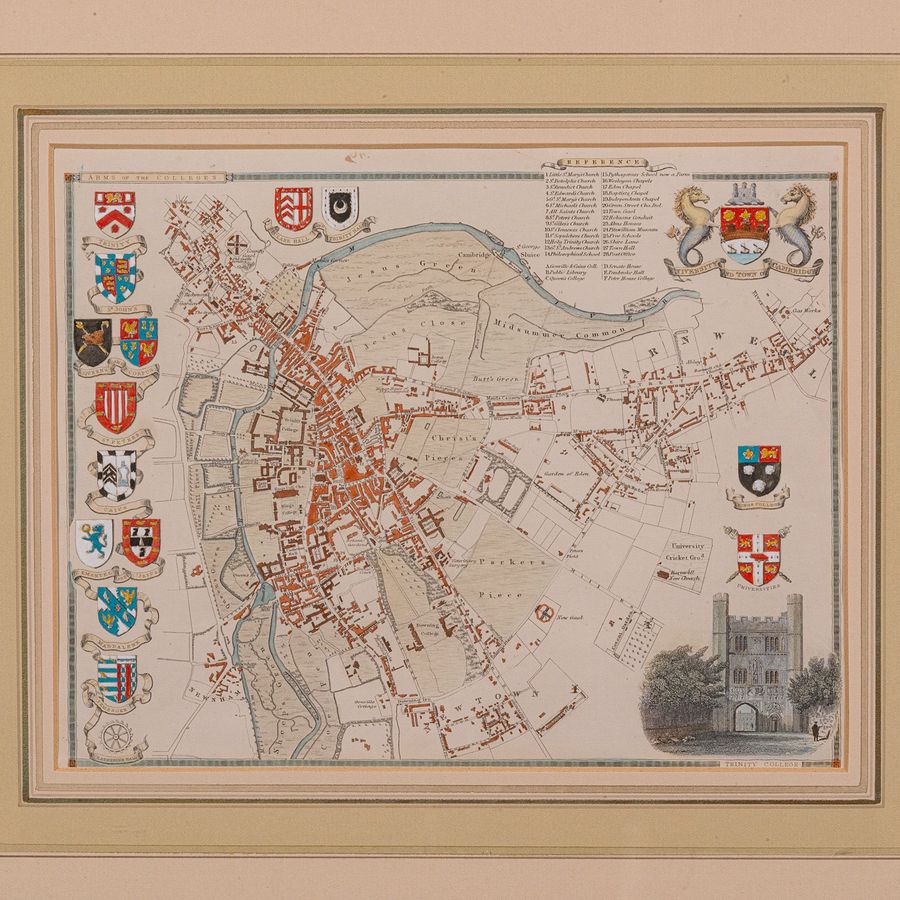 Antique Antique Collegiate Map, Cambridge, English, Framed Cartography, Victorian, 1838