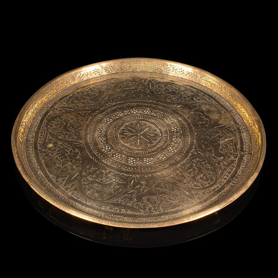 Antique Antique Kasmiri Decorative Tray, Indian, Engraved, Brass, Platter, Victorian