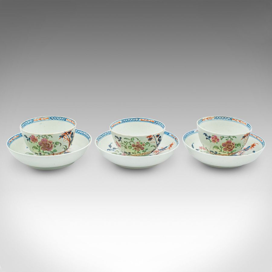 Antique Antique Trio Of Small Oriental Teacups, Chinese Ceramic, Famille Rose, Victorian