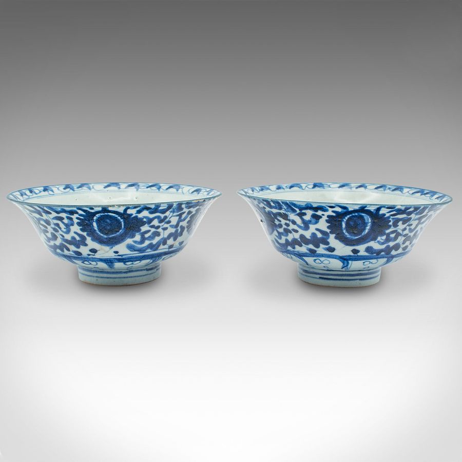 Antique Pair Of Antique Blue and White Serving Bowls, Chinese, Ceramic, Dish, Victorian