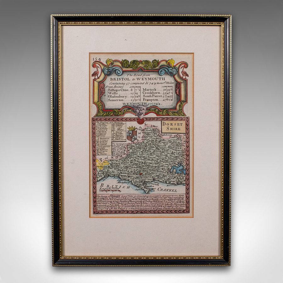 Antique Antique Road Map, Bristol to Weymouth, English, Framed Cartography, Georgian