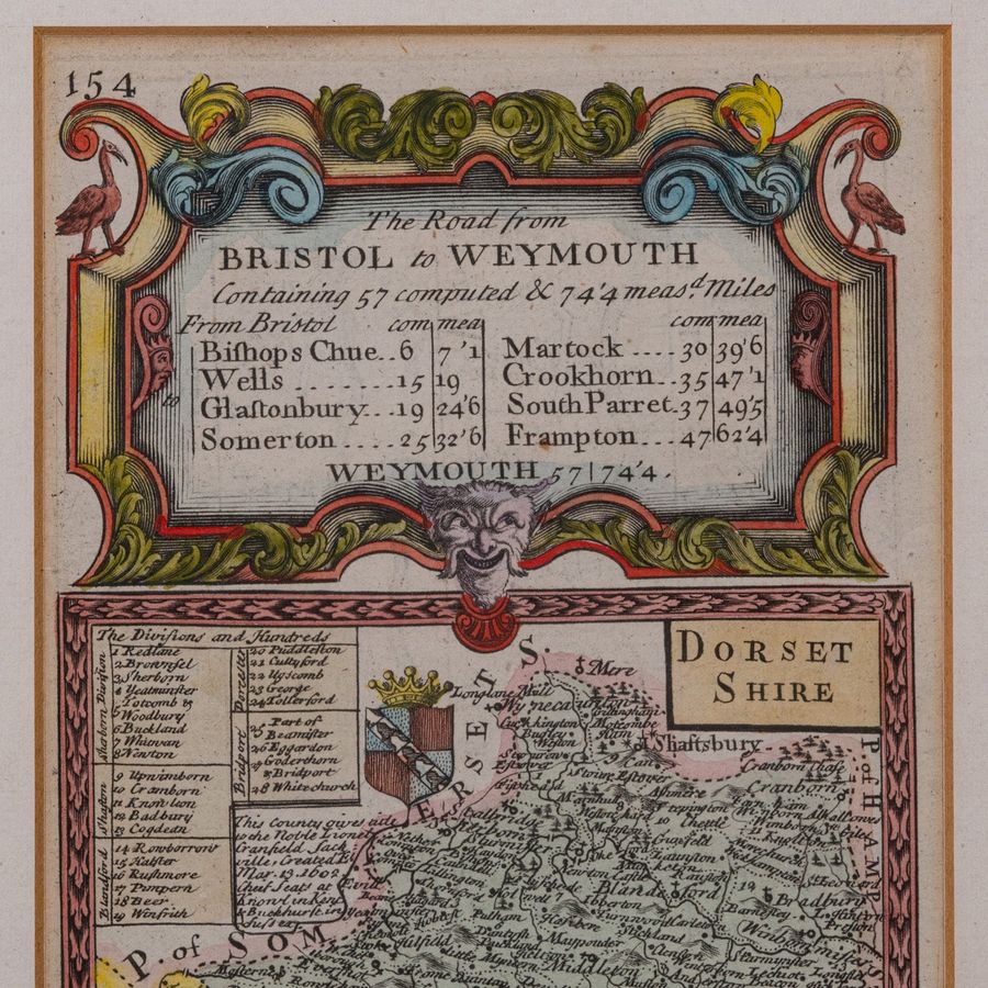 Antique Antique Road Map, Bristol to Weymouth, English, Framed Cartography, Georgian