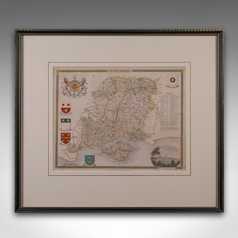 Antique Antique Lithography Map, Hampshire, England, Framed Cartography, Victorian, 1850