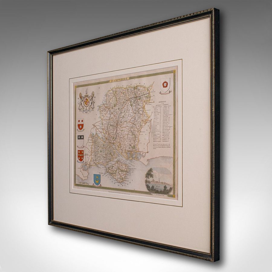 Antique Antique Lithography Map, Hampshire, England, Framed Cartography, Victorian, 1850