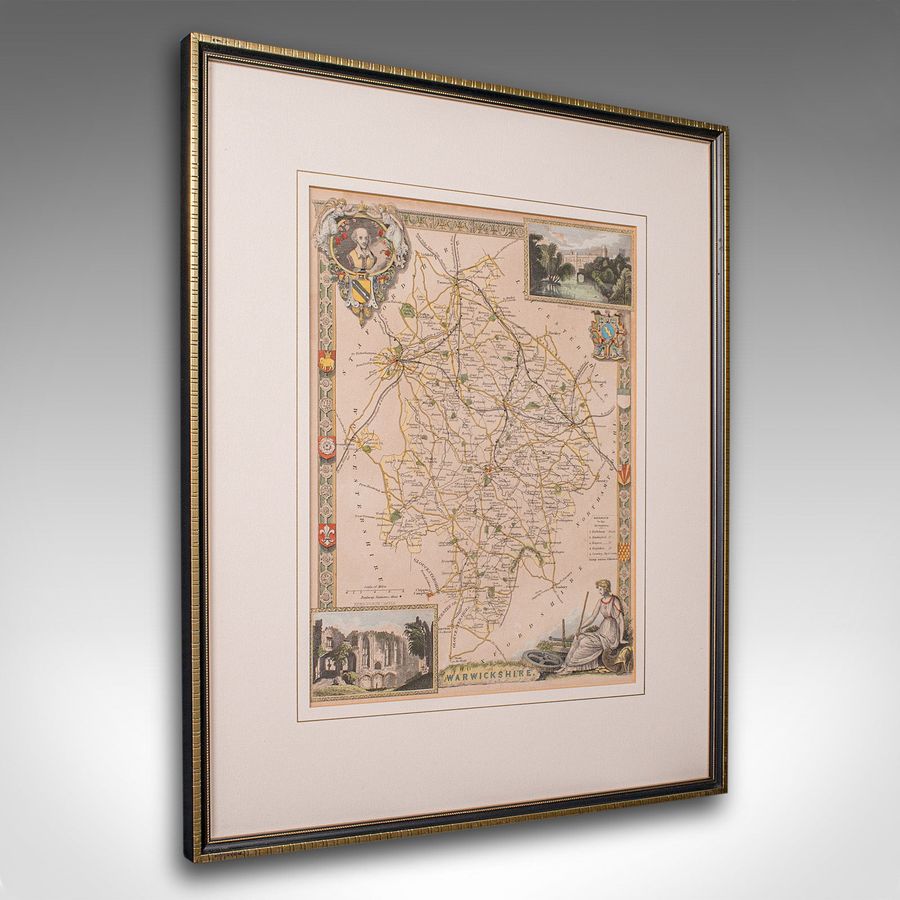 Antique Lithography Map, Warwickshire, English, Framed, Cartography, Victorian