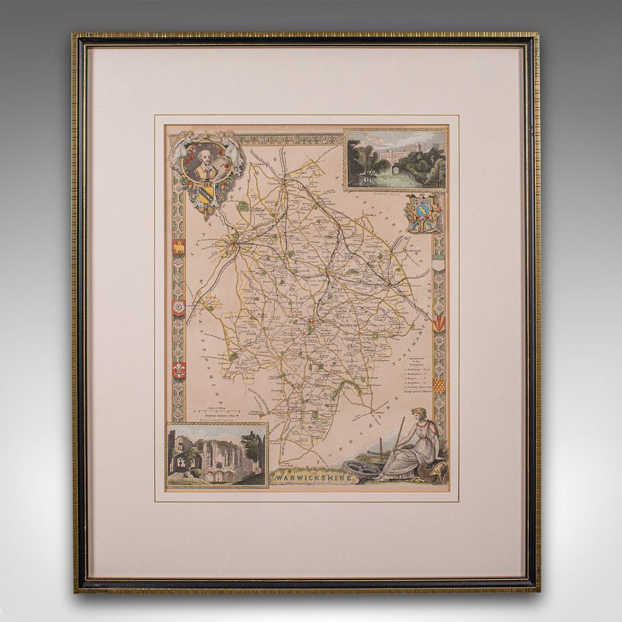 Antique Antique Lithography Map, Warwickshire, English, Framed, Cartography, Victorian