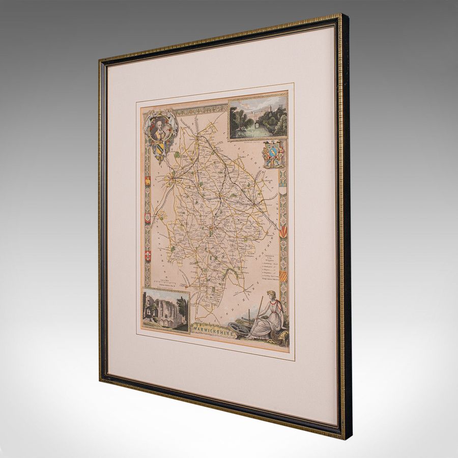 Antique Antique Lithography Map, Warwickshire, English, Framed, Cartography, Victorian