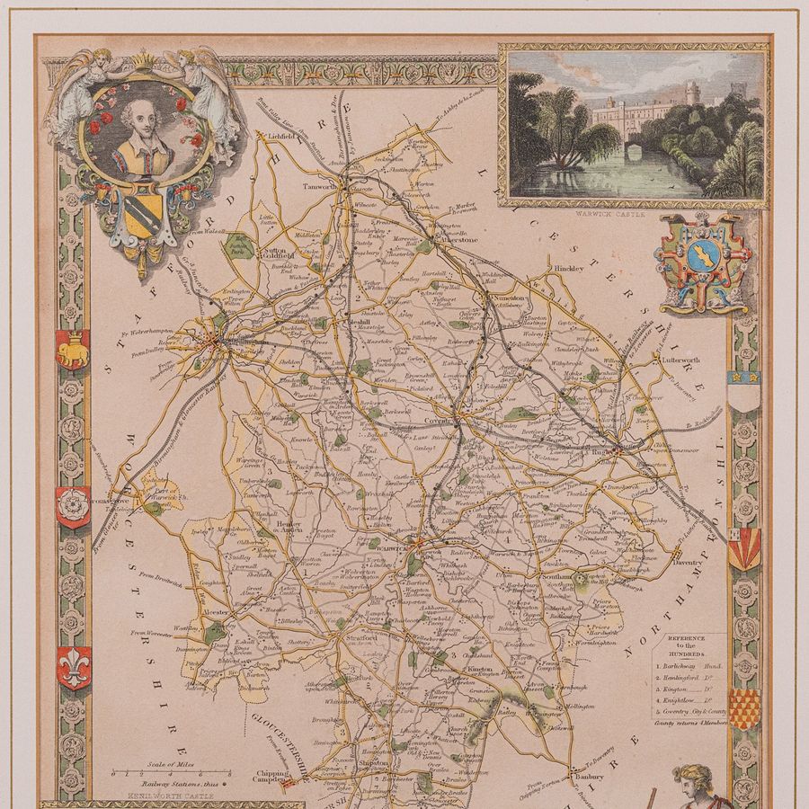 Antique Antique Lithography Map, Warwickshire, English, Framed, Cartography, Victorian