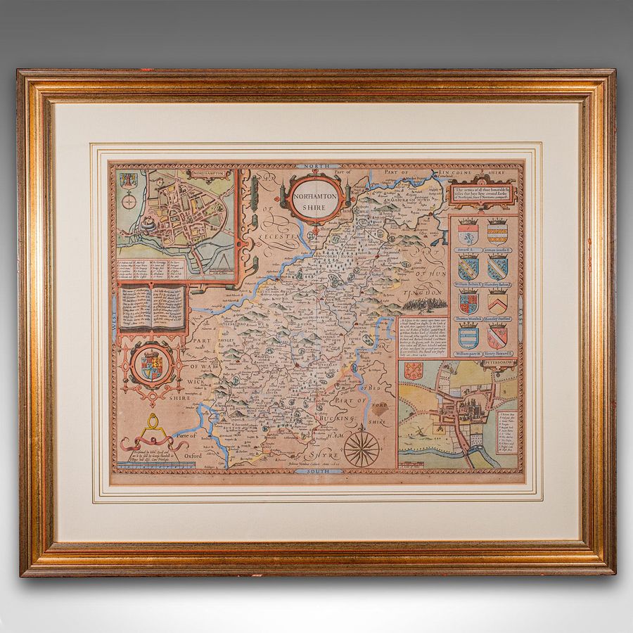 Antique Large Antique Lithography Map, Northamptonshire, Framed Cartography, John Speed