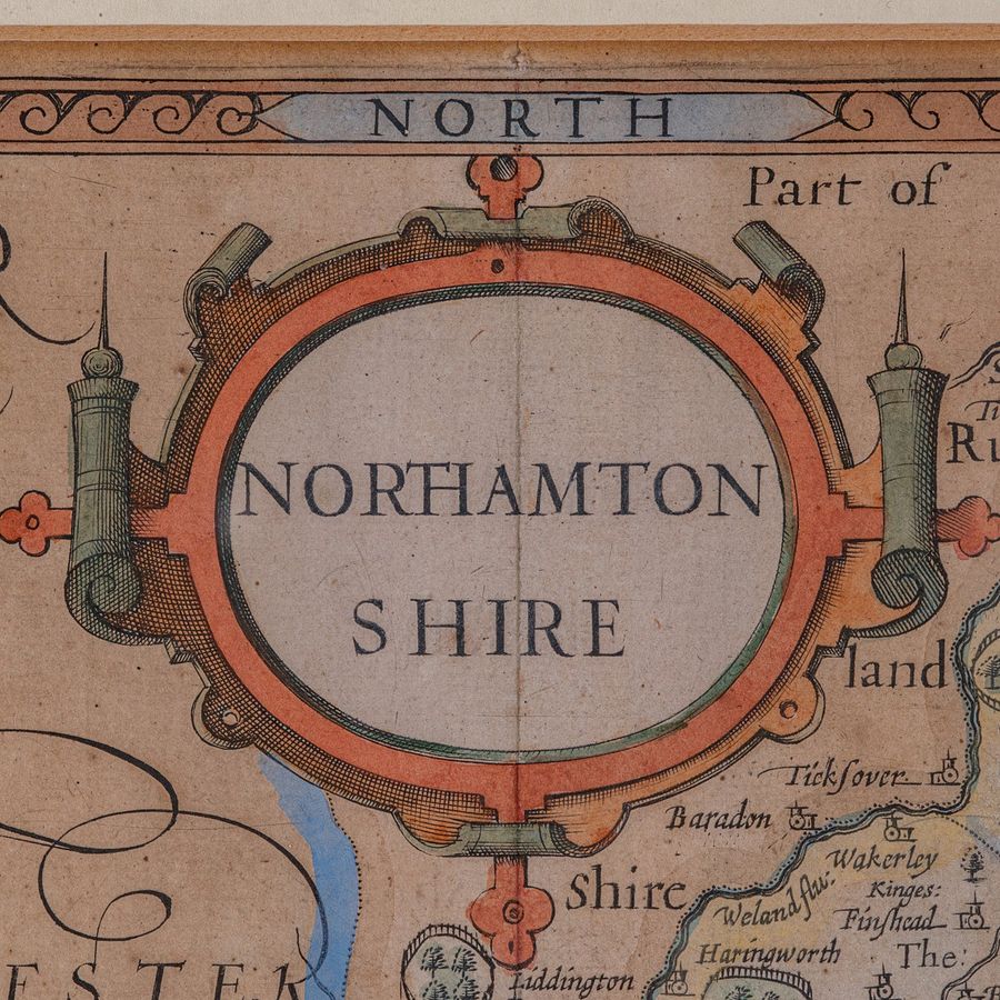 Antique Large Antique Lithography Map, Northamptonshire, Framed Cartography, John Speed