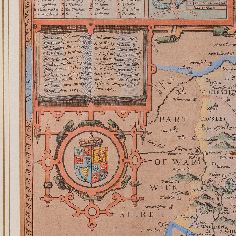 Antique Large Antique Lithography Map, Northamptonshire, Framed Cartography, John Speed