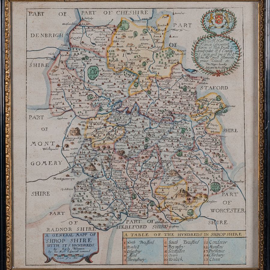 Antique Antique County Map, Shropshire, English, Atlas Engraving, Richard Blome, C.1673