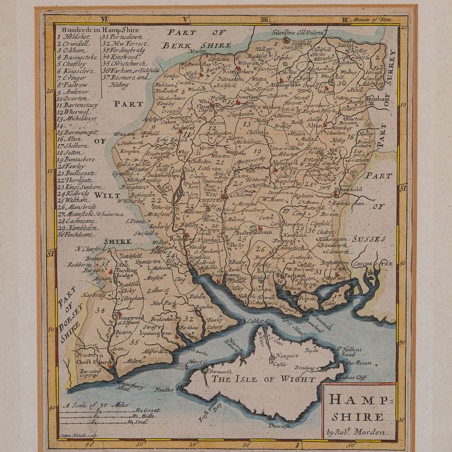 Antique Antique County Map, Hampshire, English, Framed Cartography, Robert Morden, 1700