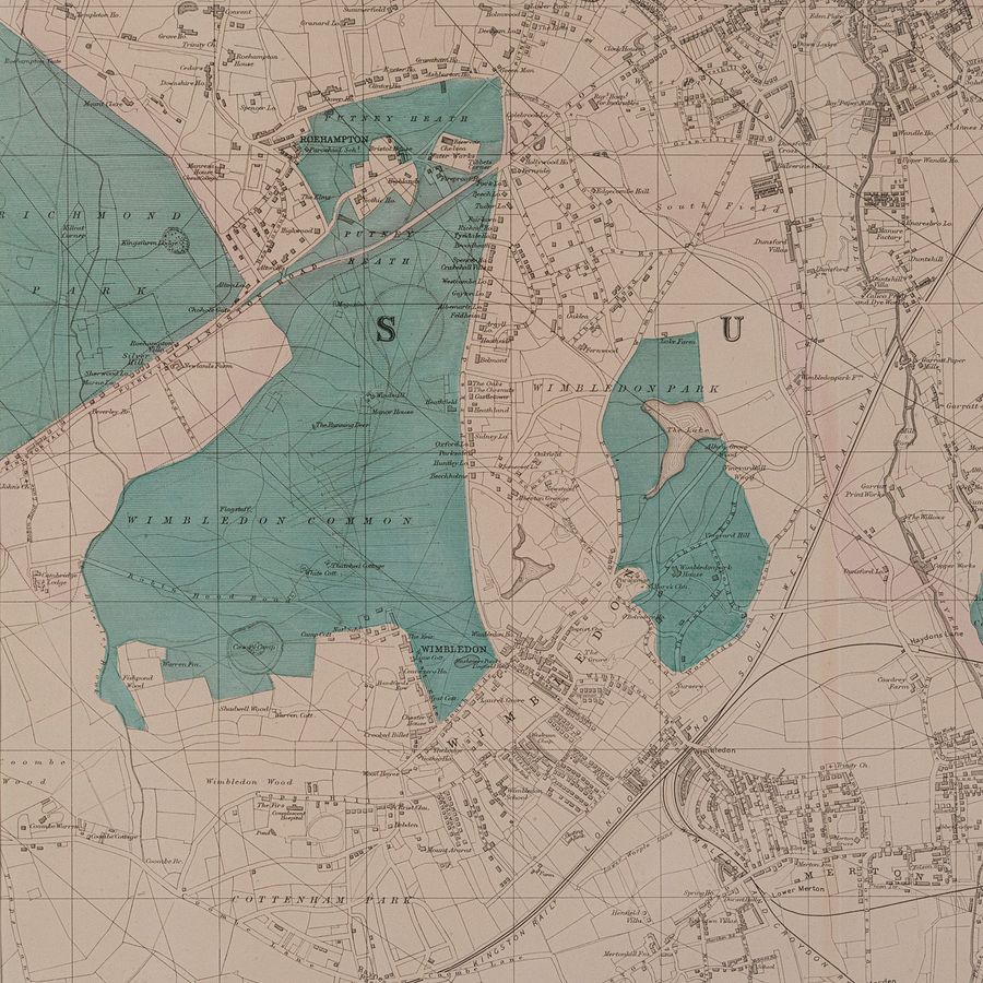Antique Large Antique Wimbledon Map, SW London, English, Framed Cartography, Victorian
