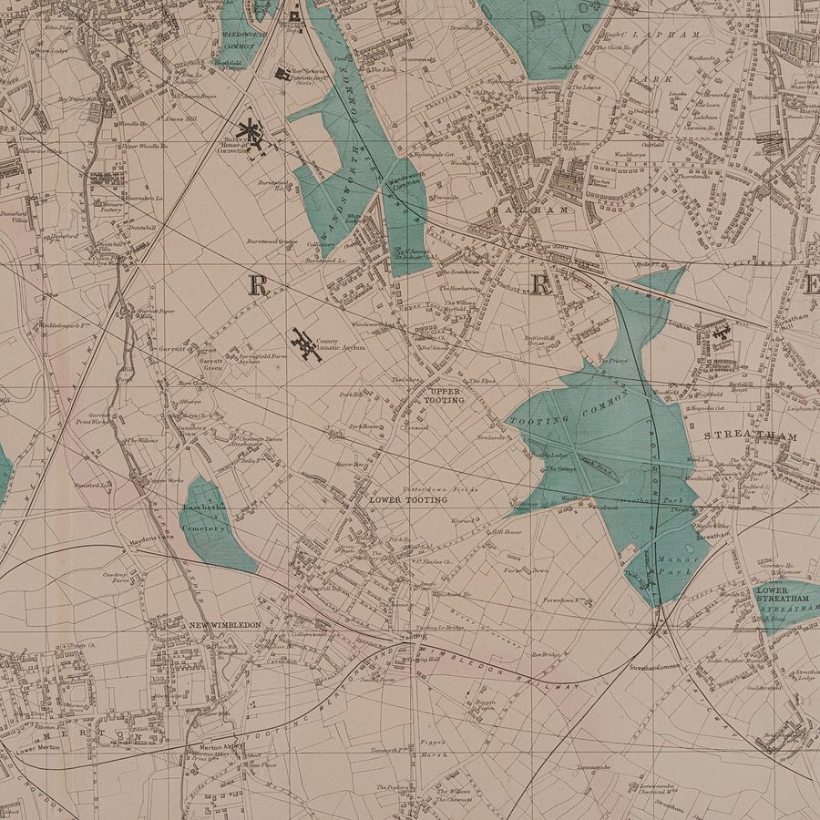 Antique Large Antique Wimbledon Map, SW London, English, Framed Cartography, Victorian