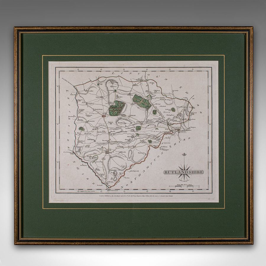 Antique Antique County Map, Rutlandshire, Framed Atlas Cartography, John Cary, Georgian