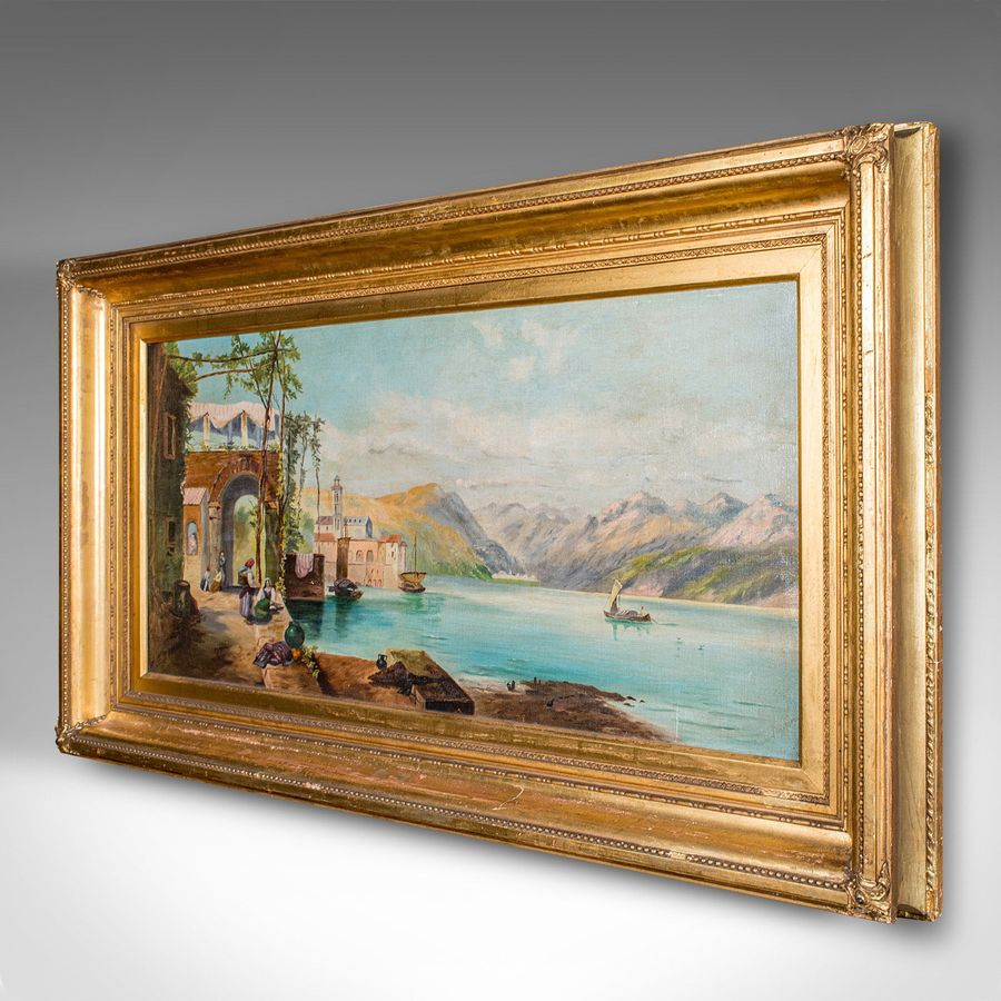 Antique Antique Lakeside Landscape Painting, Continental School, Oil, Picture, Victorian