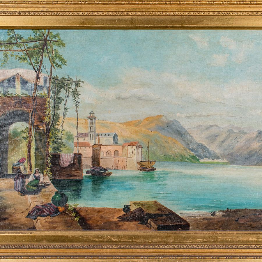 Antique Antique Lakeside Landscape Painting, Continental School, Oil, Picture, Victorian