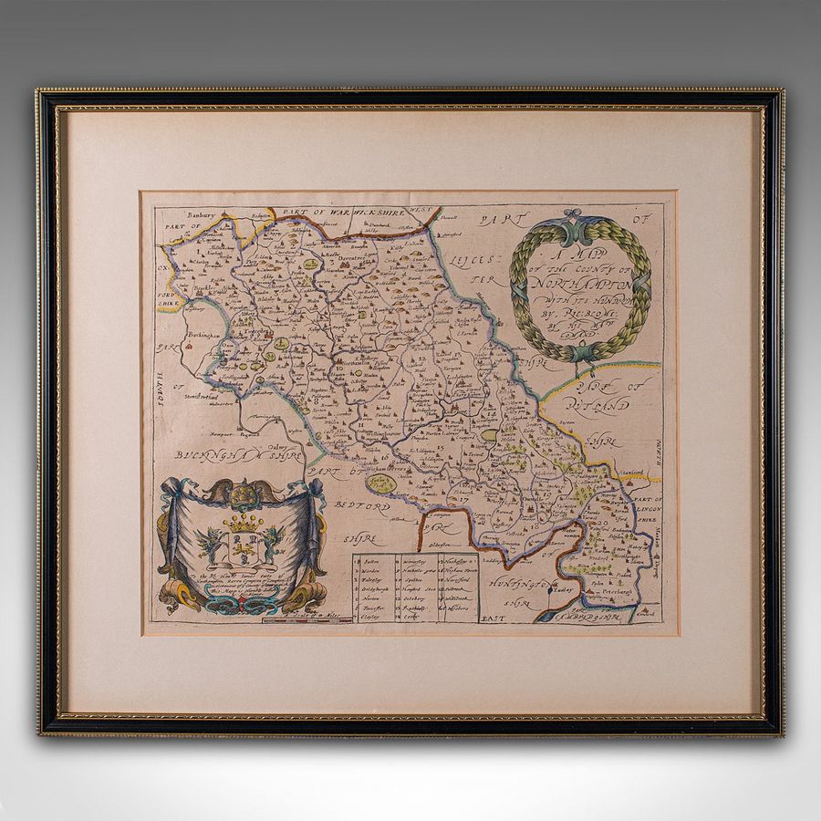 Antique Antique County Map, Northamptonshire, English, Framed Cartography, Richard Blome