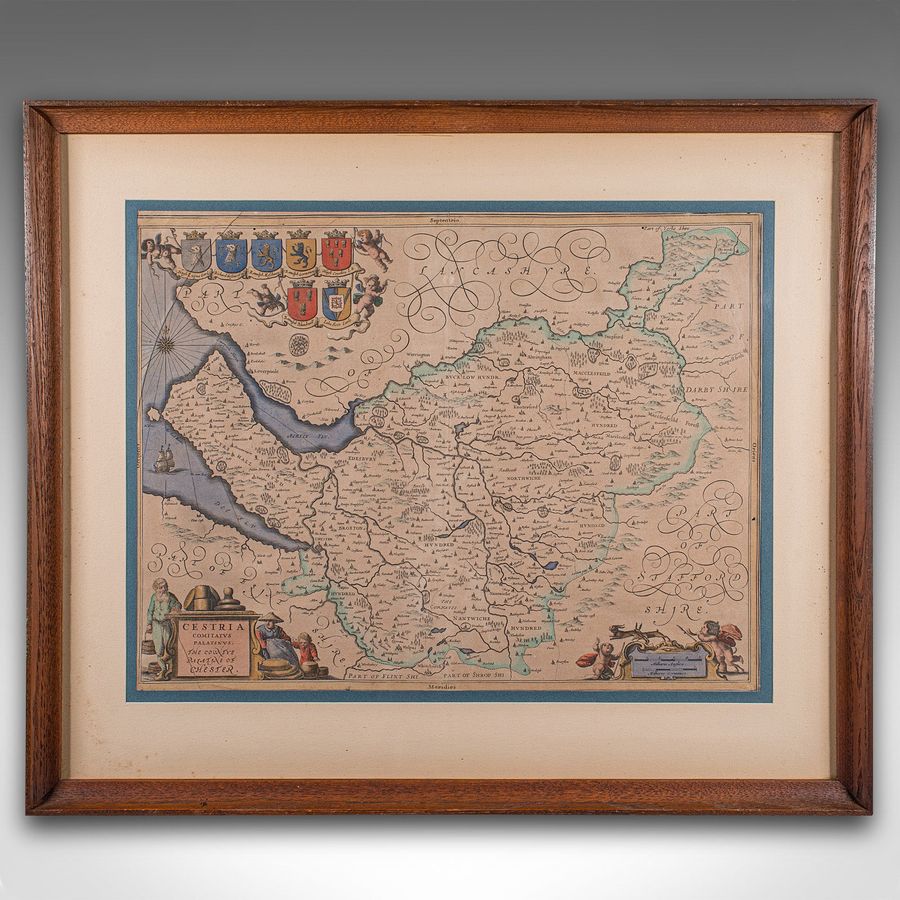 Antique Antique County Map of Cheshire, Dutch, Framed, Cartography, Janssonius, C.1660