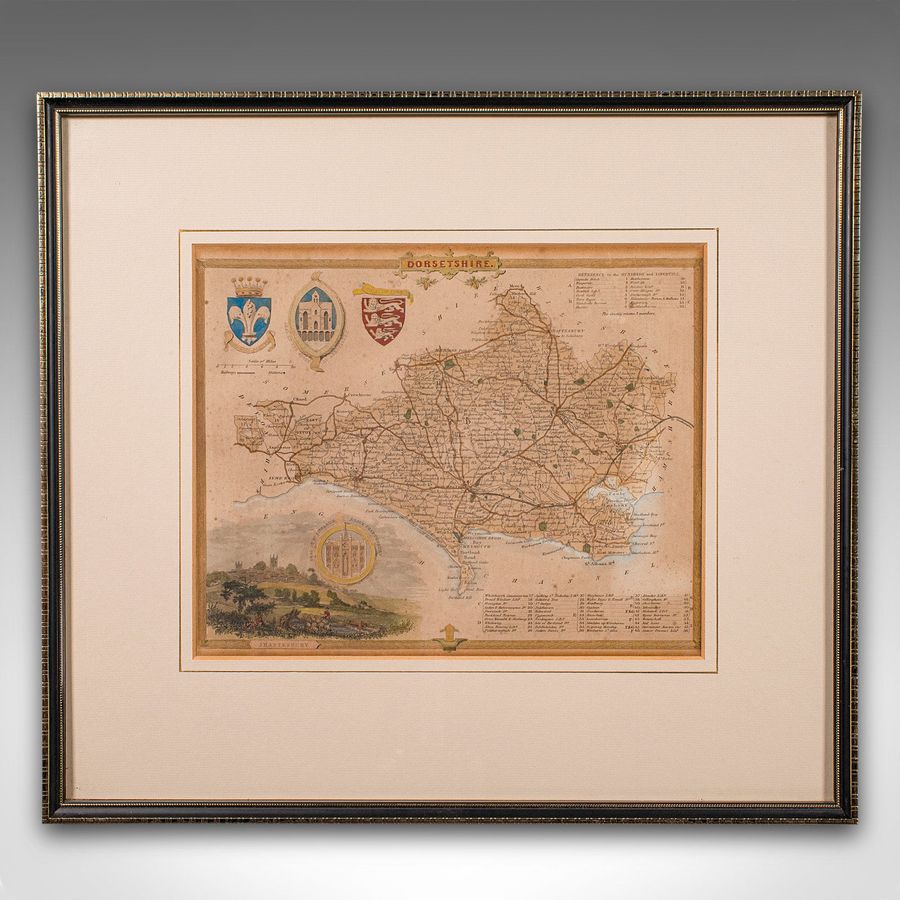 Antique Antique County Map, Dorset, English, Framed Engraving, Cartography, Lithography