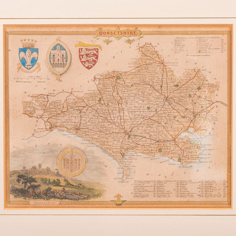 Antique Antique County Map, Dorset, English, Framed Engraving, Cartography, Lithography