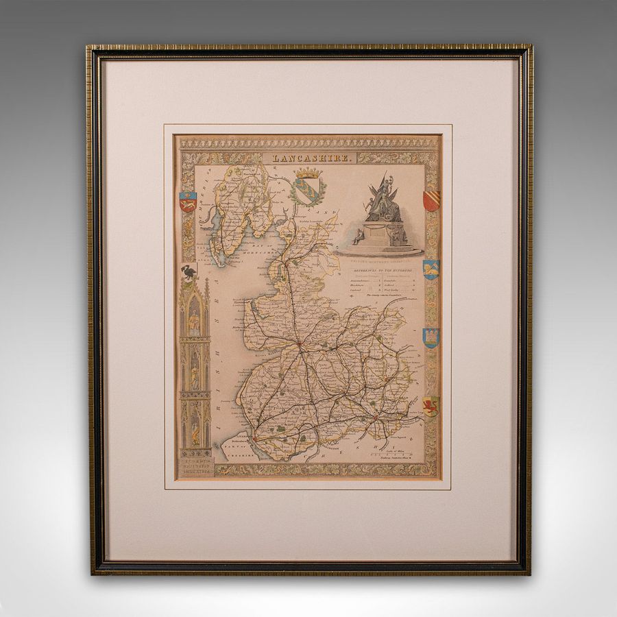 Antique Antique County Map, Lancashire, English, Framed Lithography, Cartography, C.1860