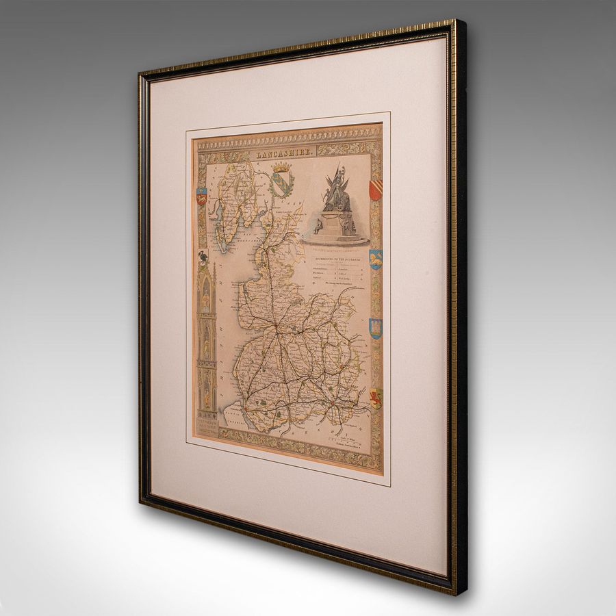 Antique Antique County Map, Lancashire, English, Framed Lithography, Cartography, C.1860