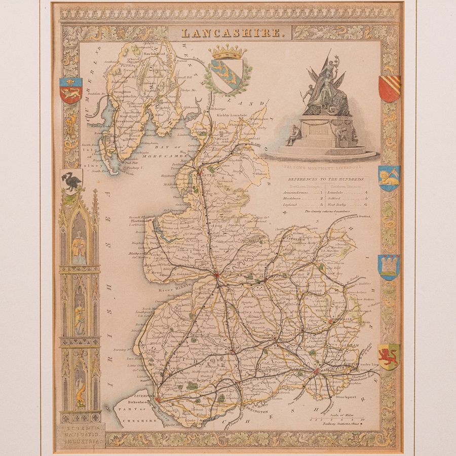 Antique Antique County Map, Lancashire, English, Framed Lithography, Cartography, C.1860