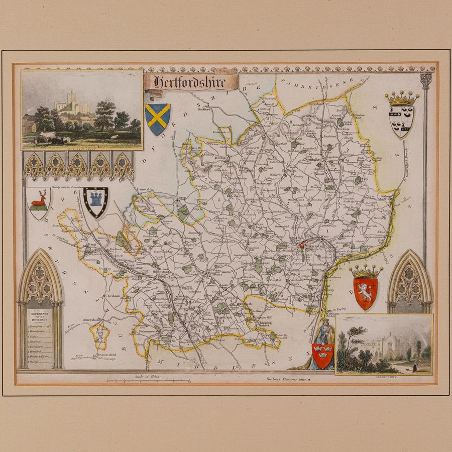 Antique Antique County Map, Hertfordshire, English, Framed Engraving, Cartography, Litho