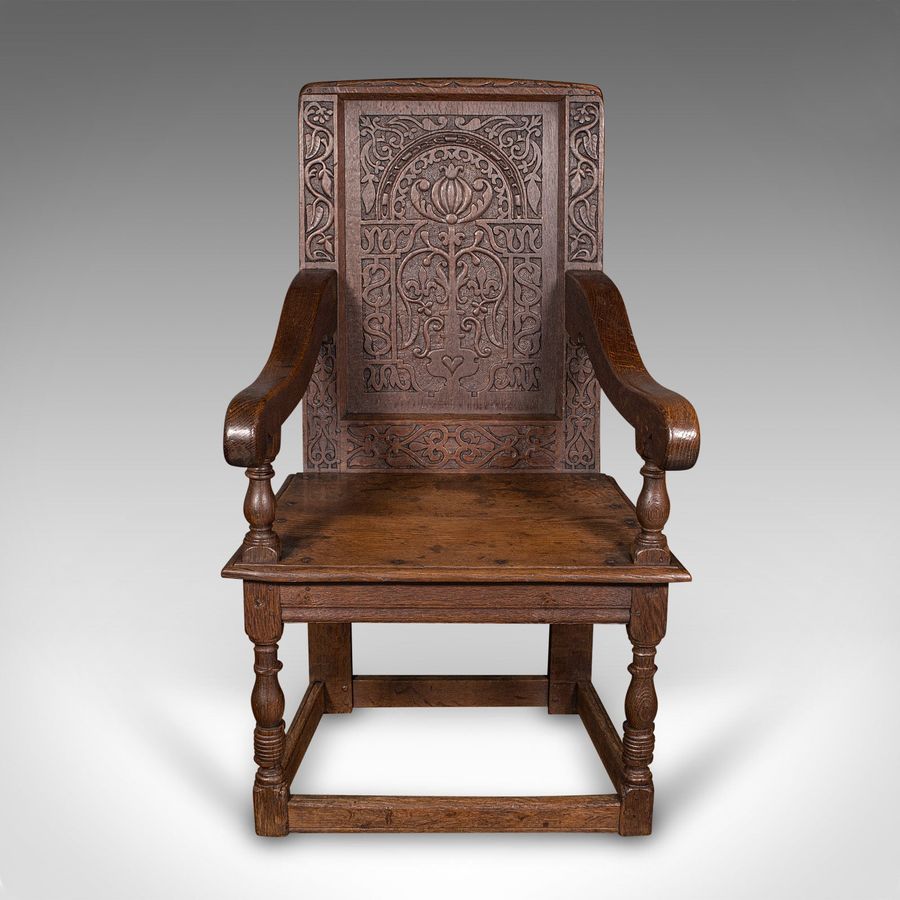 Antique Antique Wainscote Armchair, Scottish, Oak, Carved Throne Chair, Georgian, C.1750