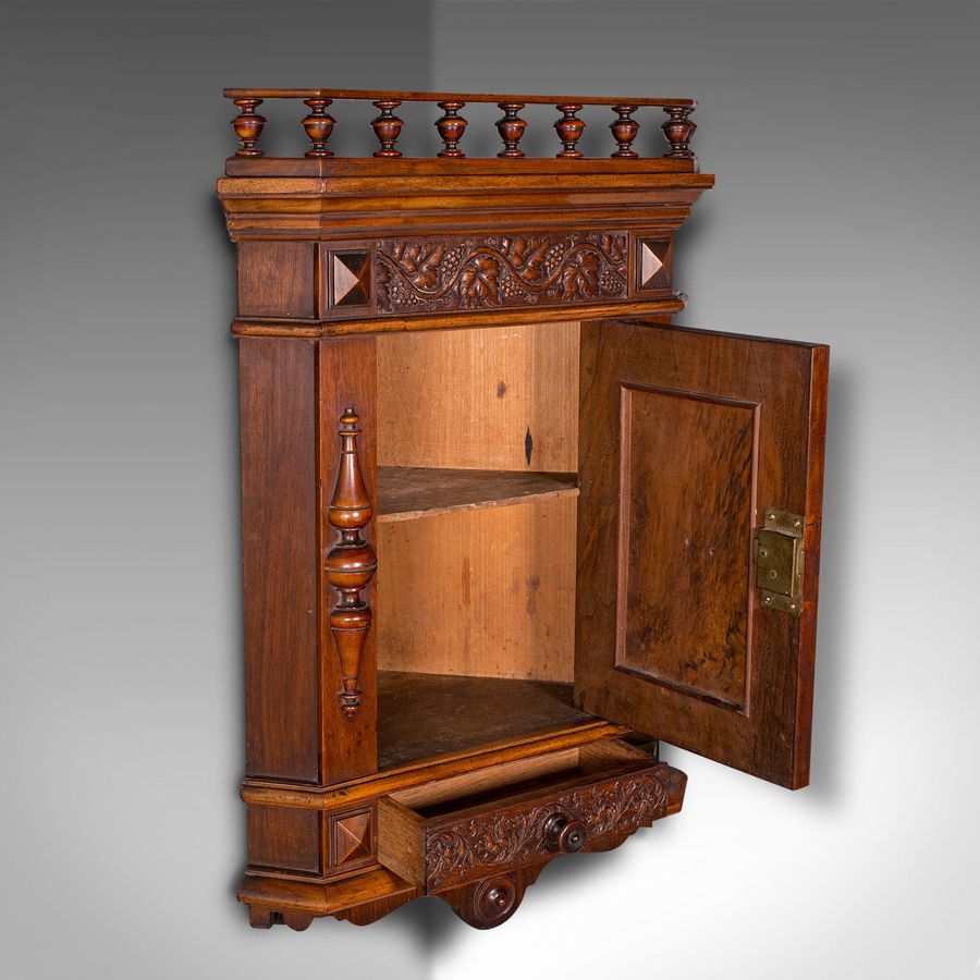 Antique Small Antique Corner Wall Cupboard, Italian, Walnut, Cabinet, Victorian, C.1900