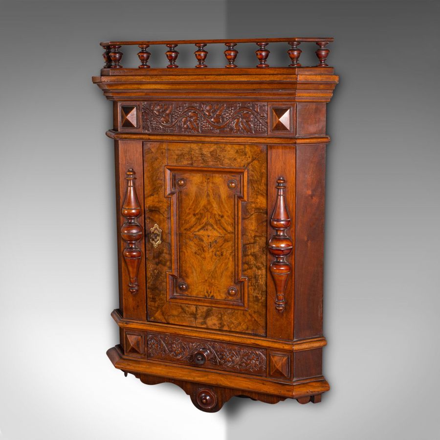 Antique Small Antique Corner Wall Cupboard, Italian, Walnut, Cabinet, Victorian, C.1900