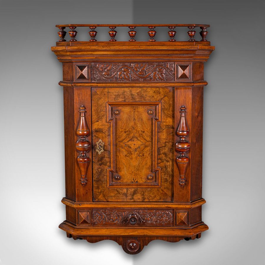 Antique Small Antique Corner Wall Cupboard, Italian, Walnut, Cabinet, Victorian, C.1900