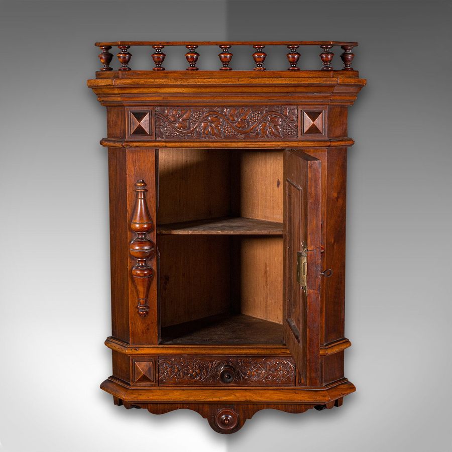 Antique Small Antique Corner Wall Cupboard, Italian, Walnut, Cabinet, Victorian, C.1900