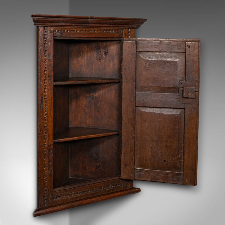 Antique Small Antique Corner Cabinet, English Oak, Wall Cupboard, William and Mary, 1690