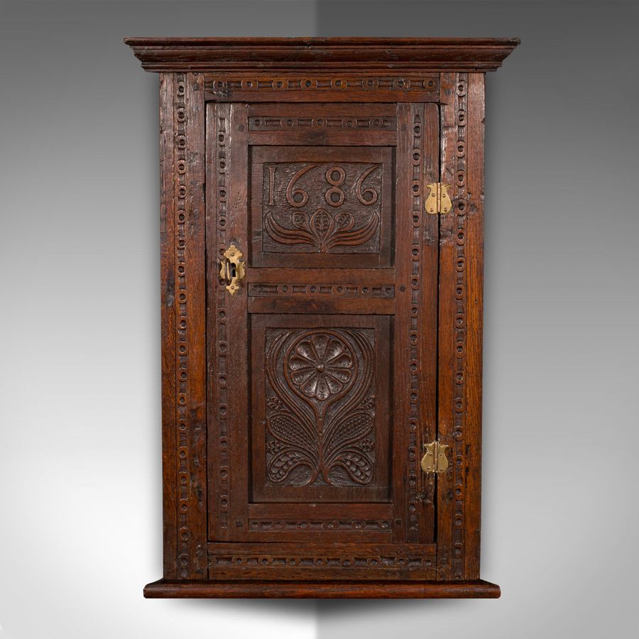 Antique Small Antique Corner Cabinet, English Oak, Wall Cupboard, William and Mary, 1690