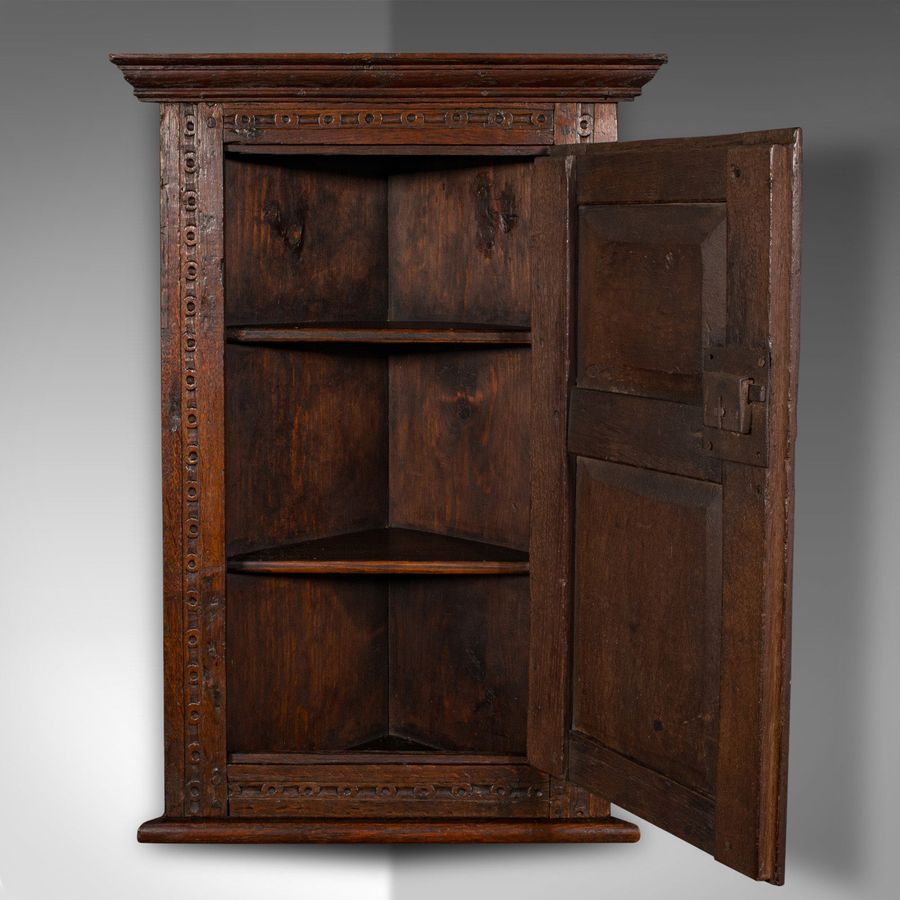 Antique Small Antique Corner Cabinet, English Oak, Wall Cupboard, William and Mary, 1690