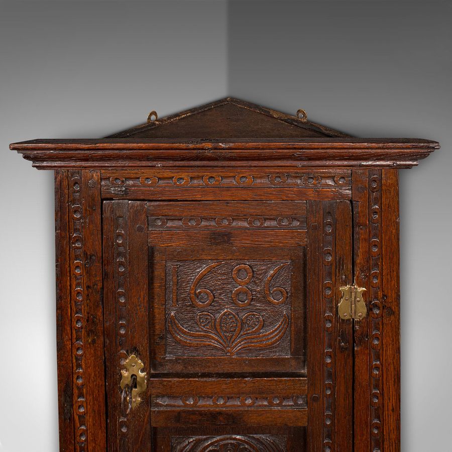 Antique Small Antique Corner Cabinet, English Oak, Wall Cupboard, William and Mary, 1690