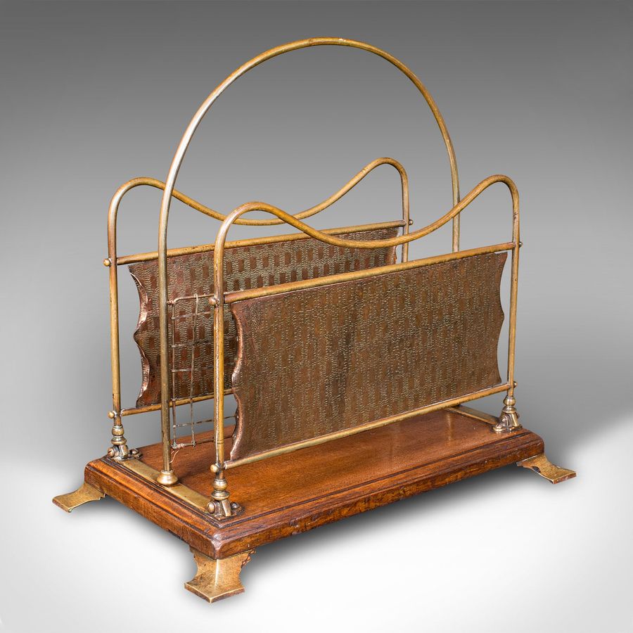 Antique Newspaper Rack, French, Brass, Copper, Walnut, Magazine Stand, Victorian