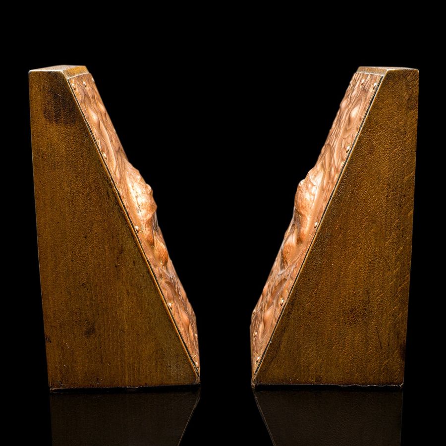 Antique Pair, Antique Maritime Bookends, Continental, Copper, Oak, Book Rest, Victorian