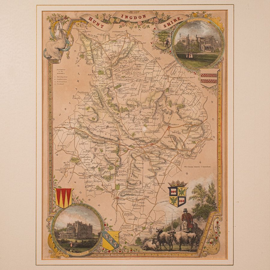 Antique Antique Lithography Map, Huntingdonshire, English, Framed Cartography, Victorian