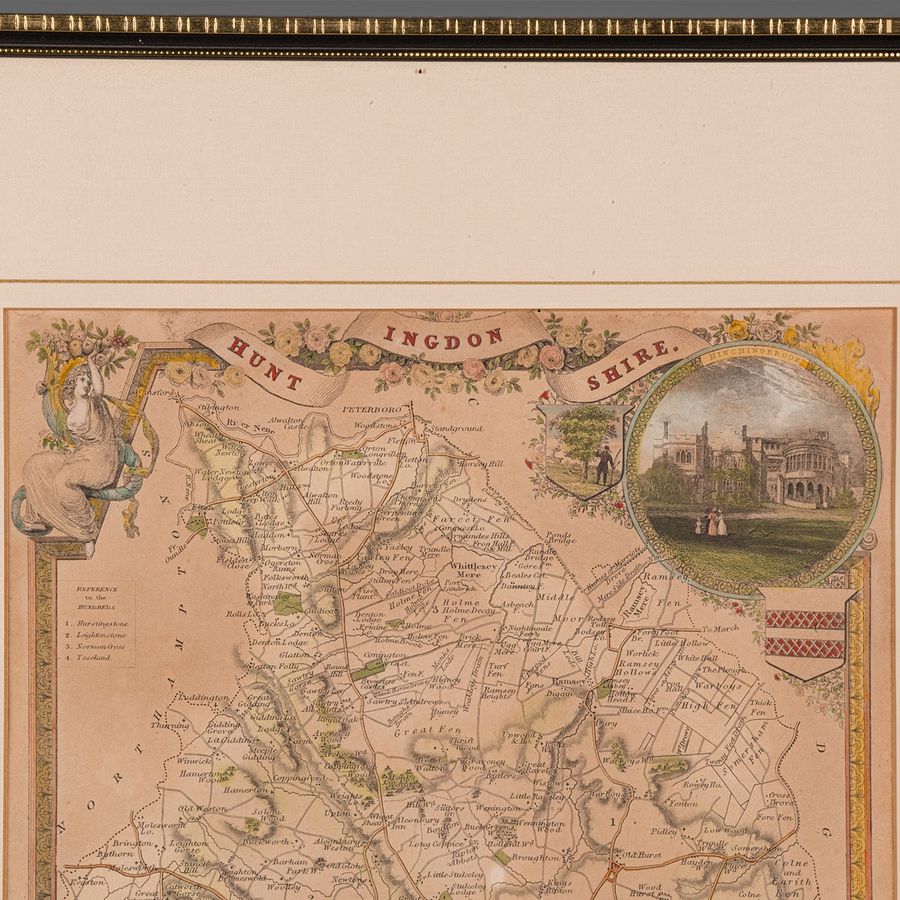 Antique Antique Lithography Map, Huntingdonshire, English, Framed Cartography, Victorian