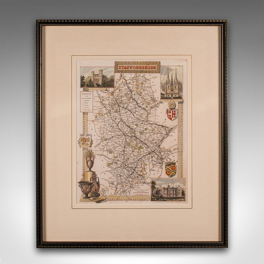 Antique Antique County Map, Staffordshire, English, Framed Litho, Cartography, Victorian