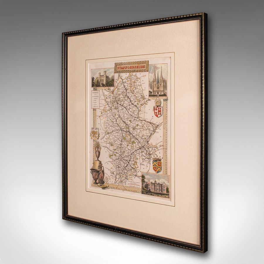 Antique Antique County Map, Staffordshire, English, Framed Litho, Cartography, Victorian