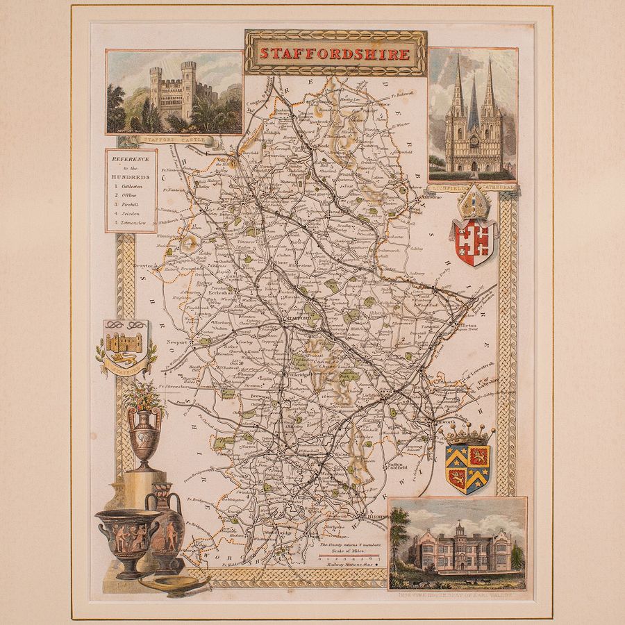 Antique Antique County Map, Staffordshire, English, Framed Litho, Cartography, Victorian