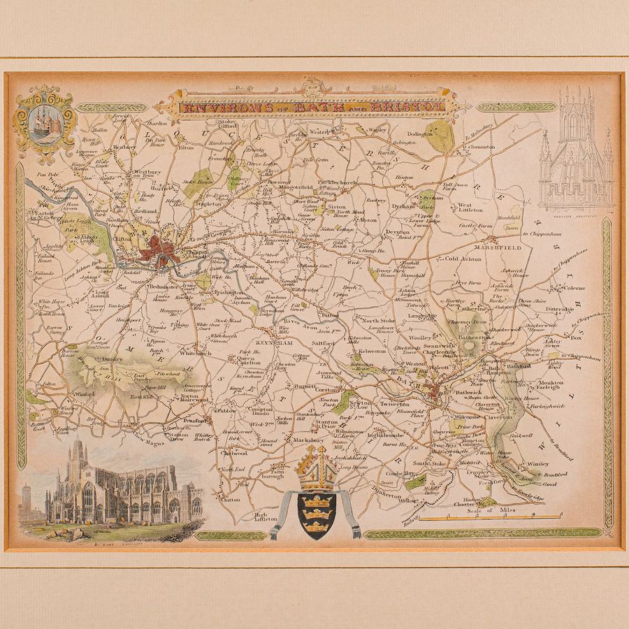 Antique Antique Environs of Bath & Bristol Map, English, Framed Cartography, Victorian