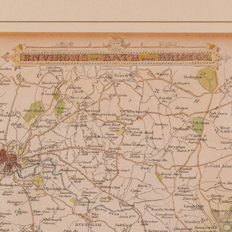 Antique Antique Environs of Bath & Bristol Map, English, Framed Cartography, Victorian