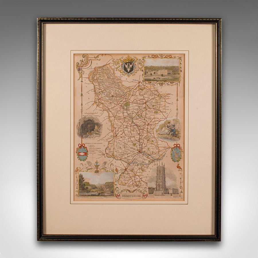 Antique Antique Lithography Map, Derbyshire, English, Framed Cartography, Victorian